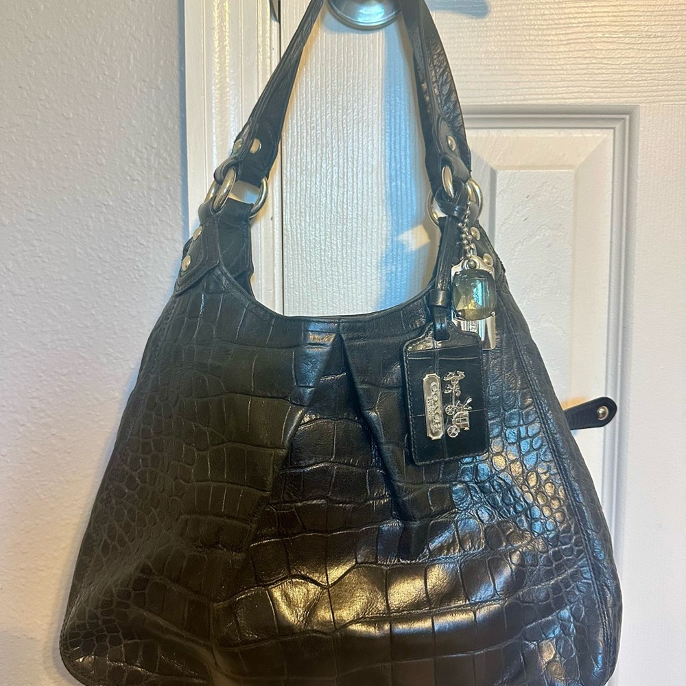 Coach Black Croc-Embossed Leather Shoulder Bag